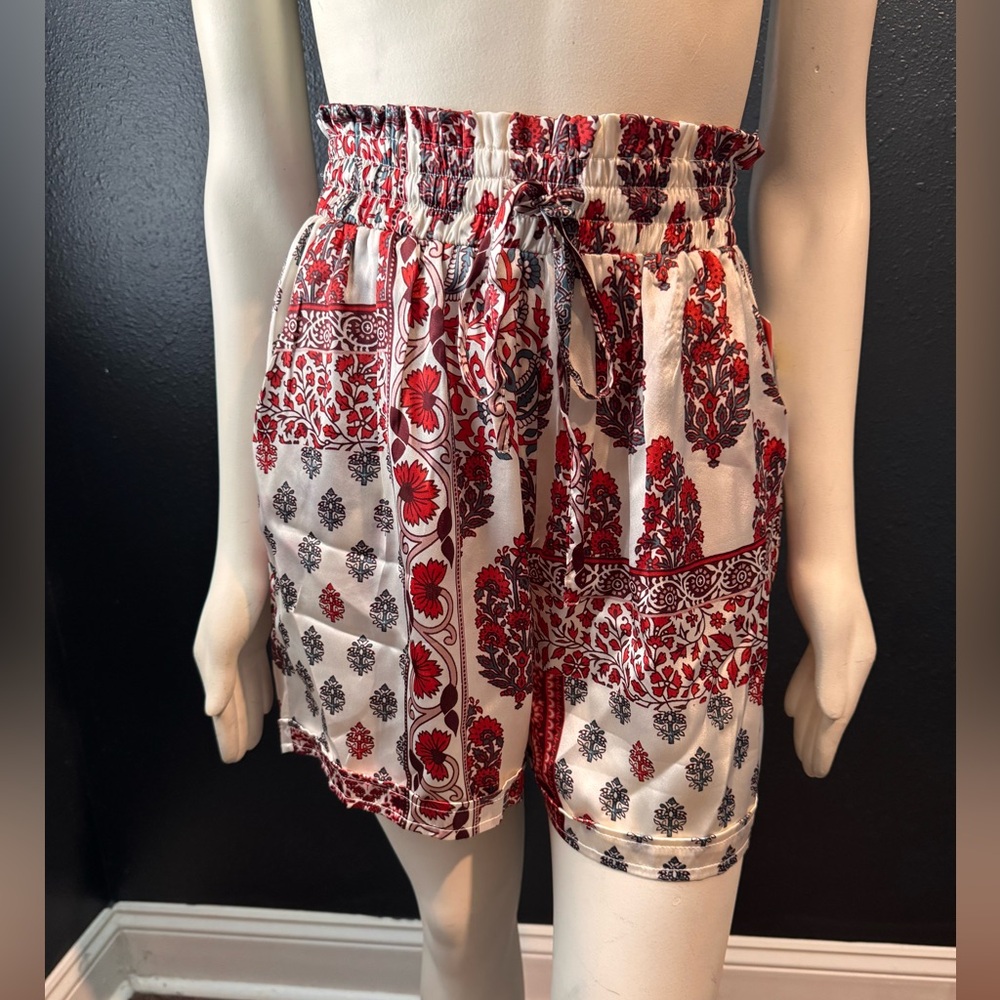 Bunulu Red Paisley Boho Elastic High Rise Drawstring Silky Shorts NWT